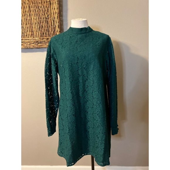 ASOS Sheath Dress 14 Green Cotton Lace Long Sleeve Washable Stretch NEW NWT - Picture 2 of 12
